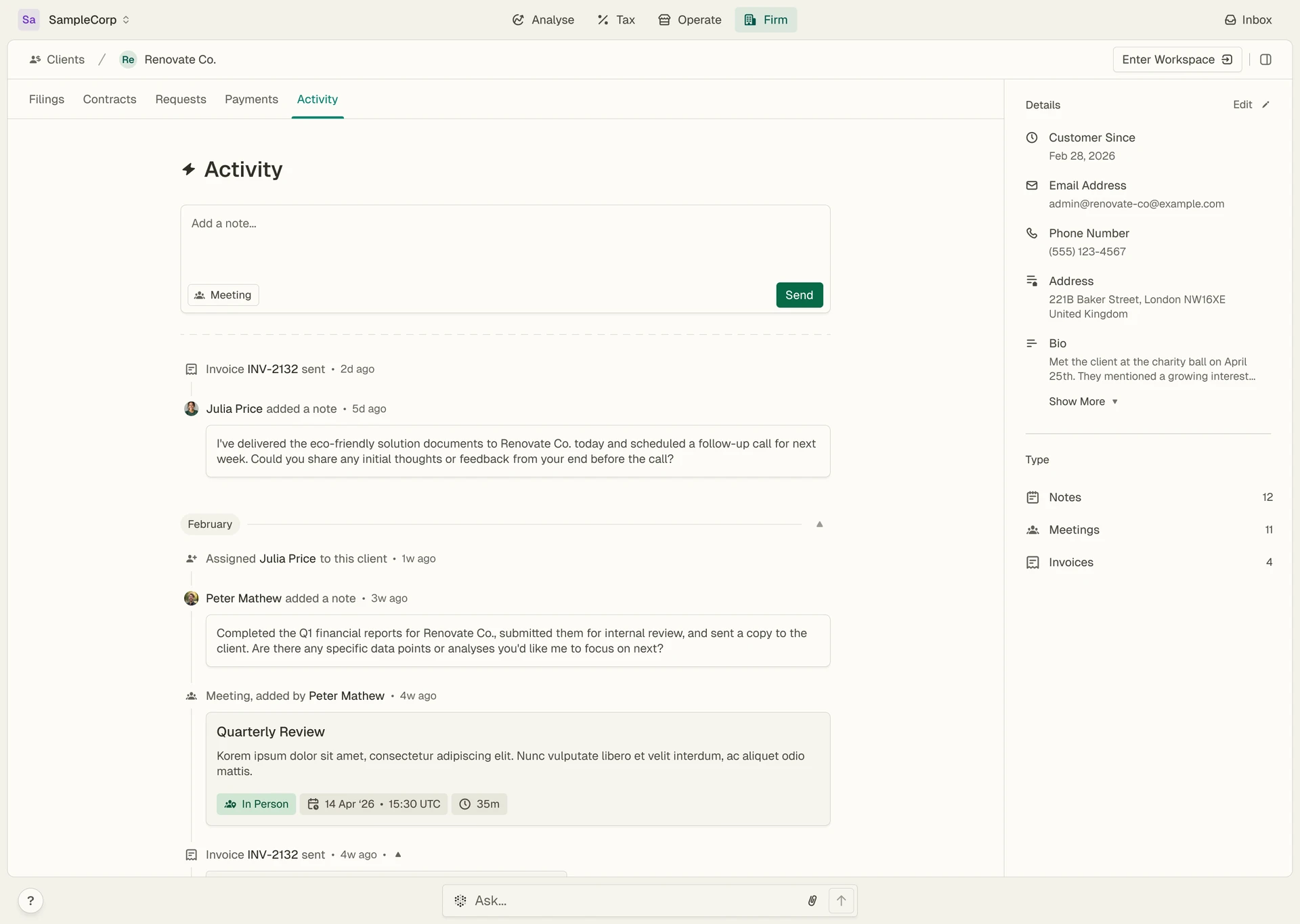 Aarvo client activity timeline with notes, invoices, and contact details