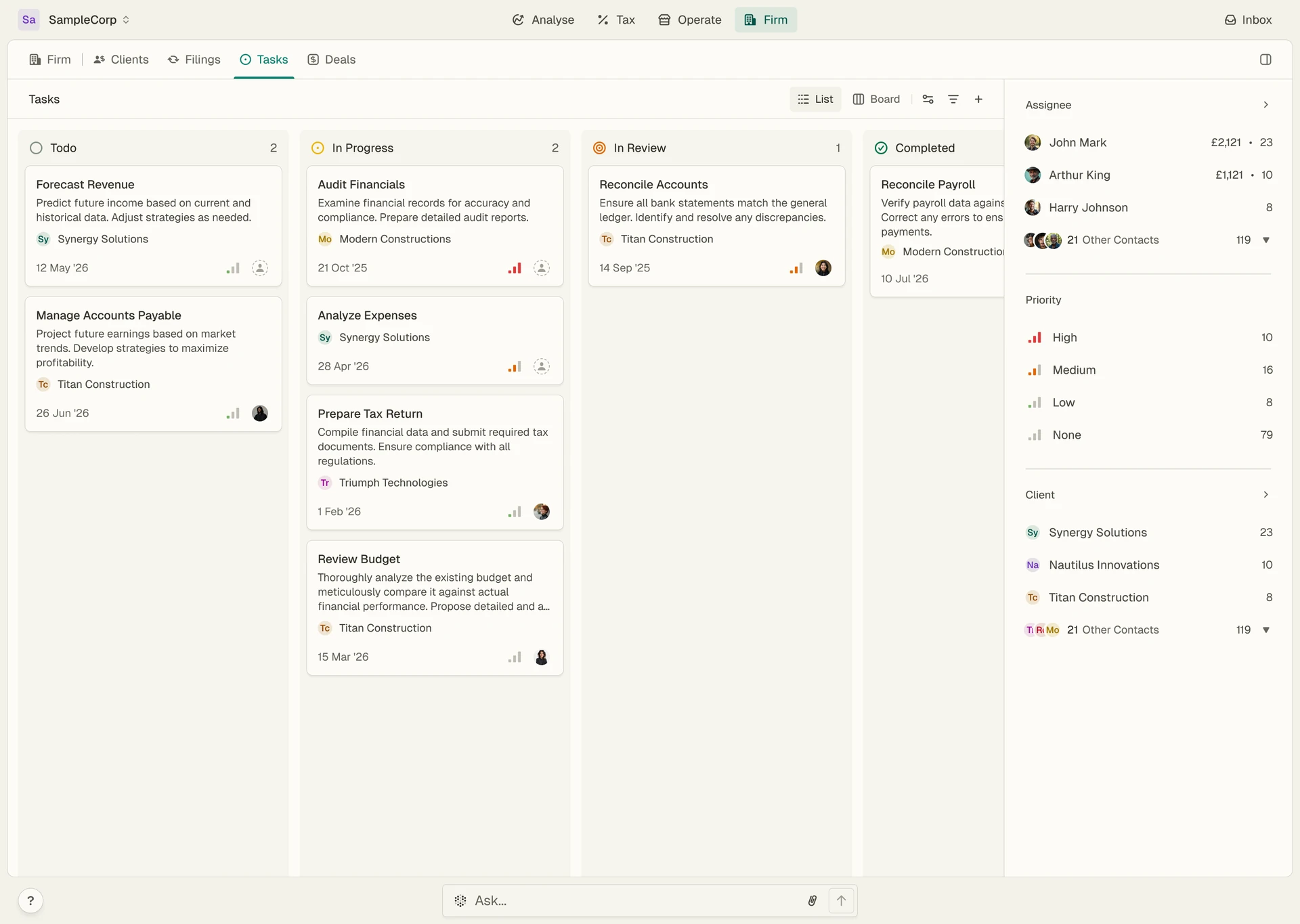 Aarvo firm task board grouped by status with assignee and priority summaries