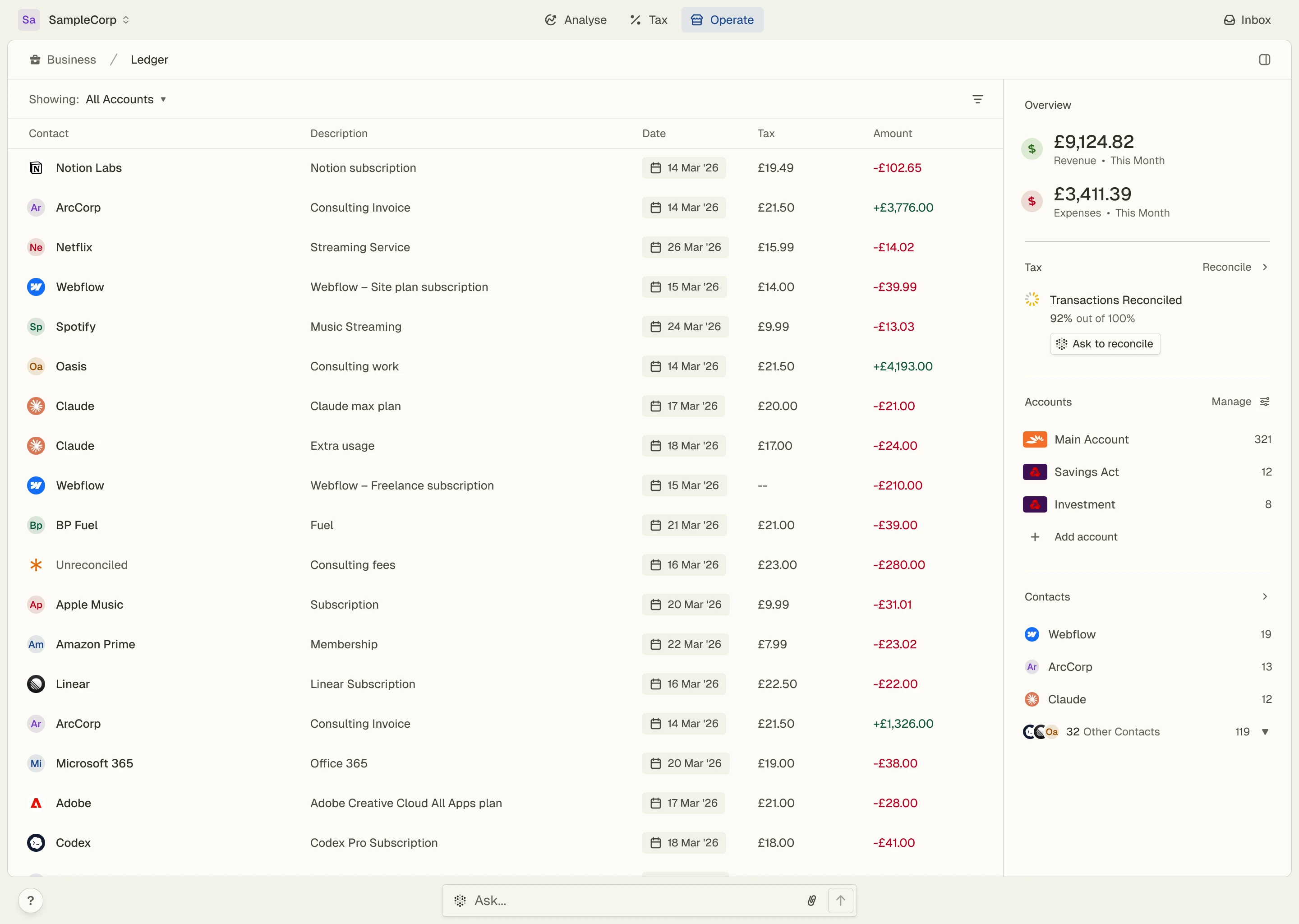 Aarvo open banking transactions screen