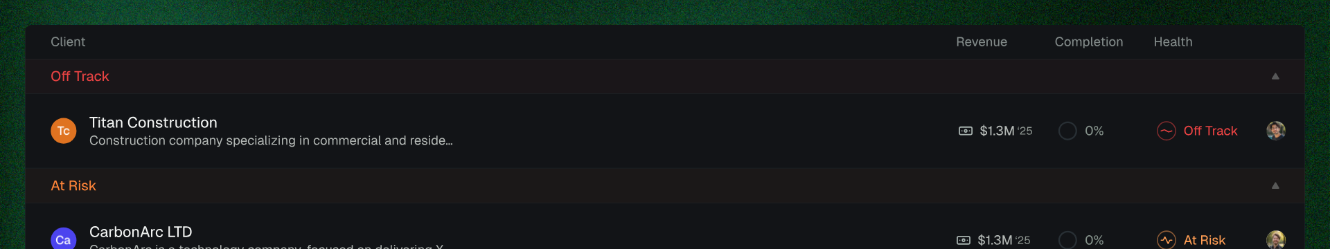 Firm client list view with revenue, completion, and health columns