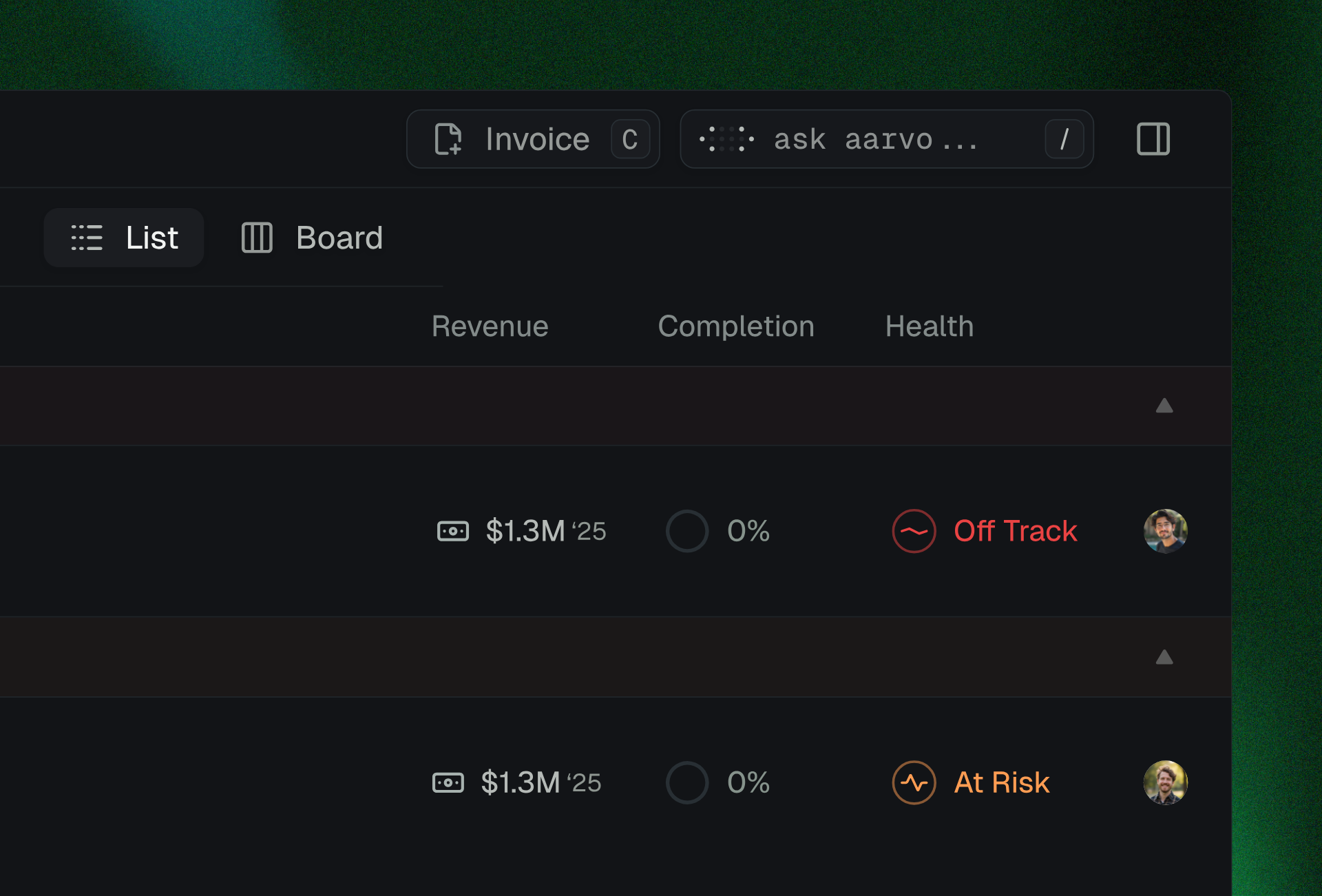 Client metrics showing revenue, completion percentage, and health status